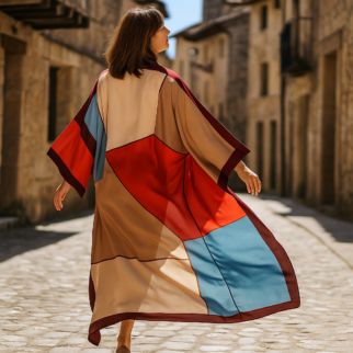 Kimono de semi seda de cámel, rojo y azul con dibujo geométrico 1 Julunggul
