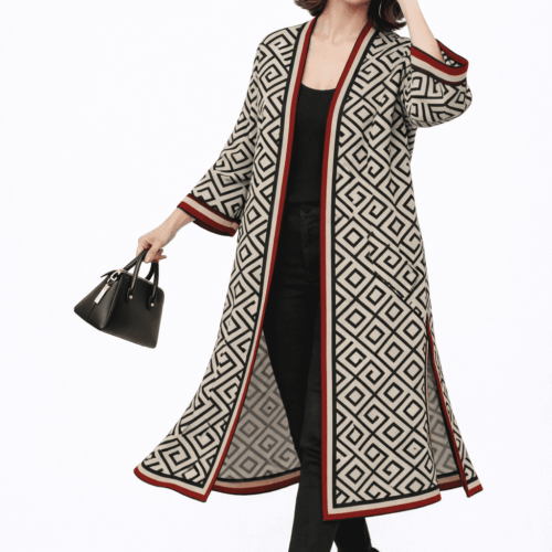 Kimono de semiseda blanco y negro geométrico