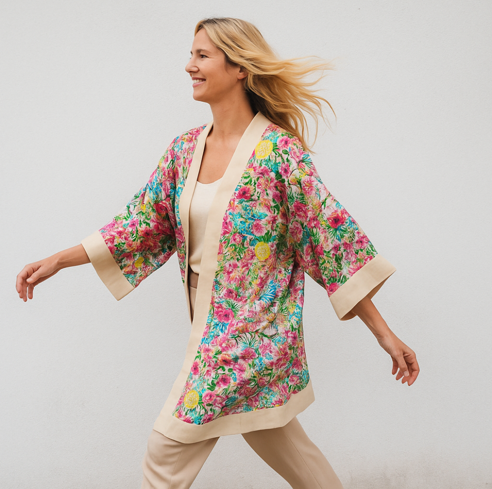 Kimono de semiseda Beige con flores de colores 1 Julunggul