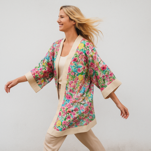 Kimono de semiseda Beige con flores de colores 1 Julunggul