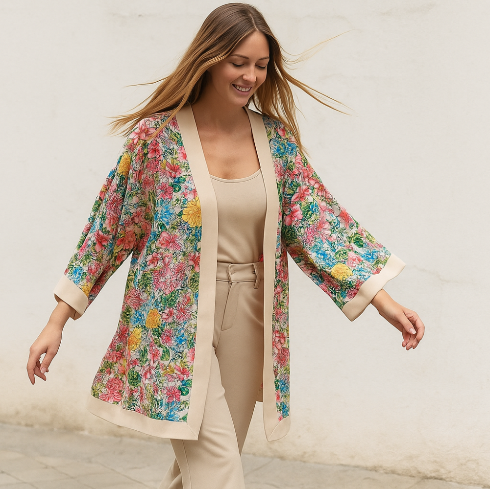 Kimono de semiseda Beige con flores de colores 1 Julunggul