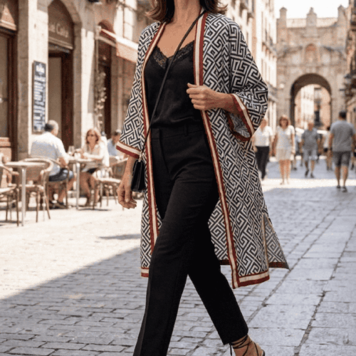 Kimono de semiseda blanco y negro geométrico