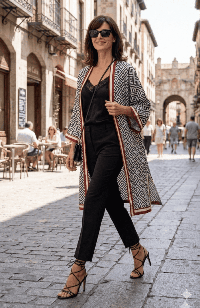 Kimono de semiseda a mefdida estampado geometrico blanco y negro con rojo Julunggul
