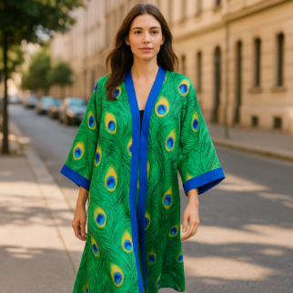 Kimono de semiseda largo verde y azul Julunggul