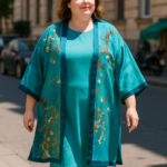 Kimono de semiseda talla grande turquesa almendro Julunggul