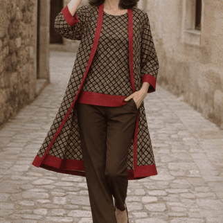 Kimono de semiseda y caftan a juego marrón chocolate y rojo Julunggul