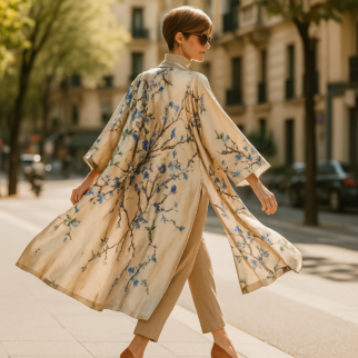 Kimono largo de semiseda beige Almendro