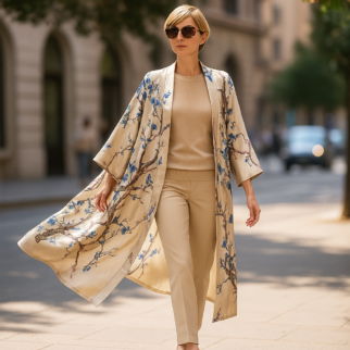 Kimono largo de semiseda beige Van Gogh