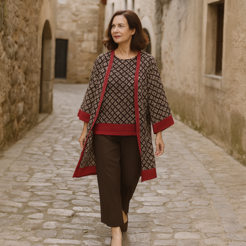 Kimono y blusón de semiseda marrón chocolate y rojo Julunggul