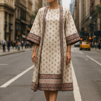 Kimono y vestido de seda beige y marrón con cenefas a medida Julunggul