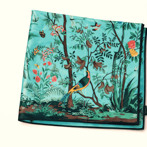 Pañuelo de semi seda 90x90 cm verde mar estampado