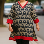 Caftan de semiseda talla grande medallones beige negro y rojo Julunggul