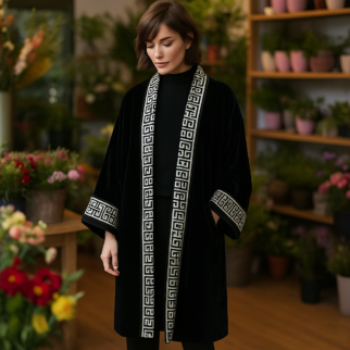 Abrigo kimono de terciopelo negro con seda estampada Julunggul
