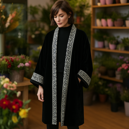 Abrigo kimono de terciopelo negro con seda estampada Julunggul
