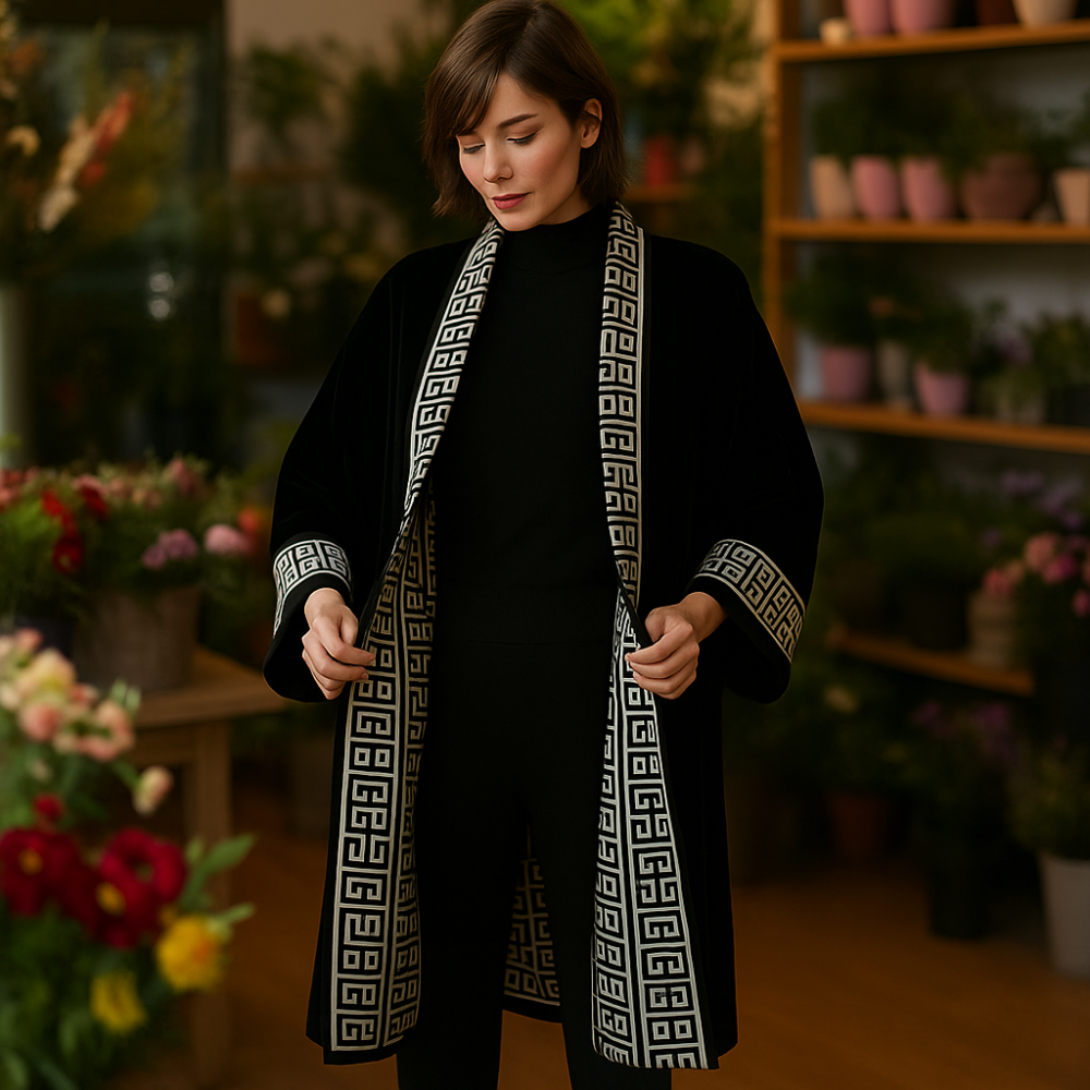 Abrigo kimono de terciopelo negro y seda Julunggul