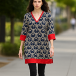 Caftan de semiseda medallones beige negro y rojo Julunggul