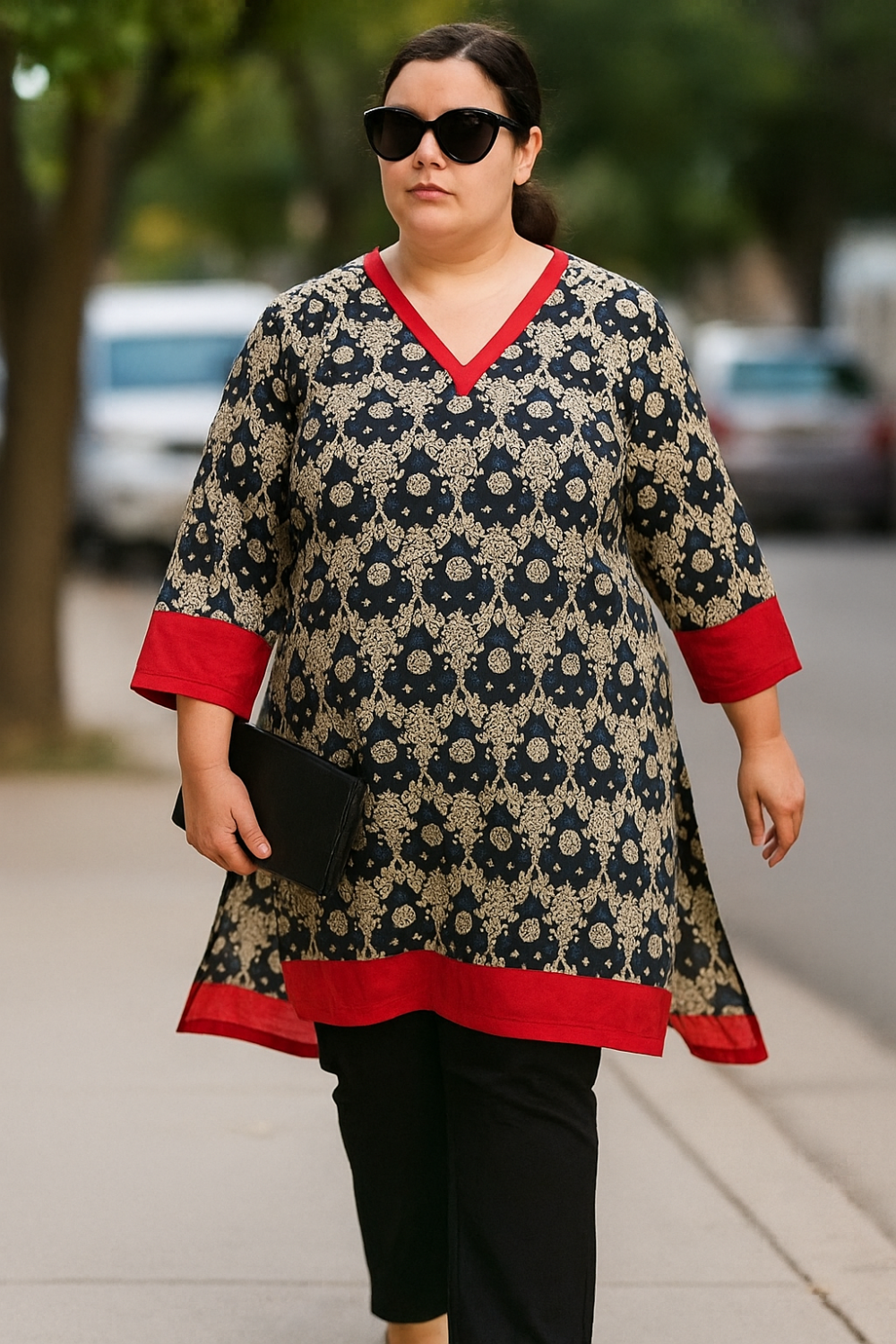 Caftan de semiseda talla grande medallones beige negro y rojo Julunggul