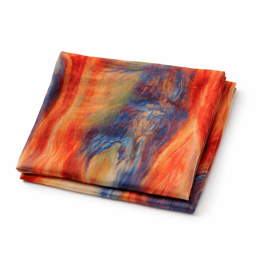 Fular de seda estampado azul rojo y mostaza Munch Julunggul