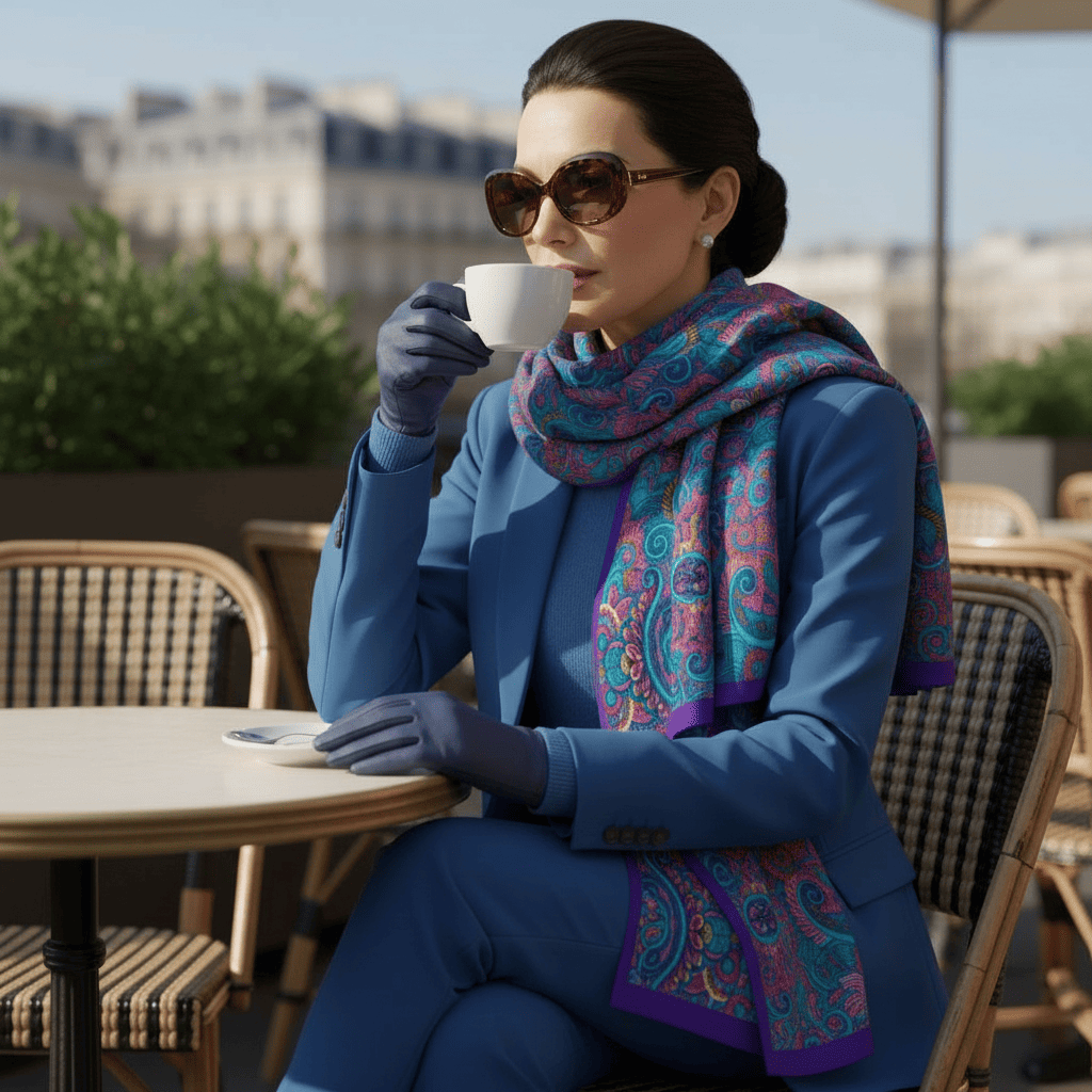 Fular de seda estampado cachemires azul morado y fucsia Julunggul