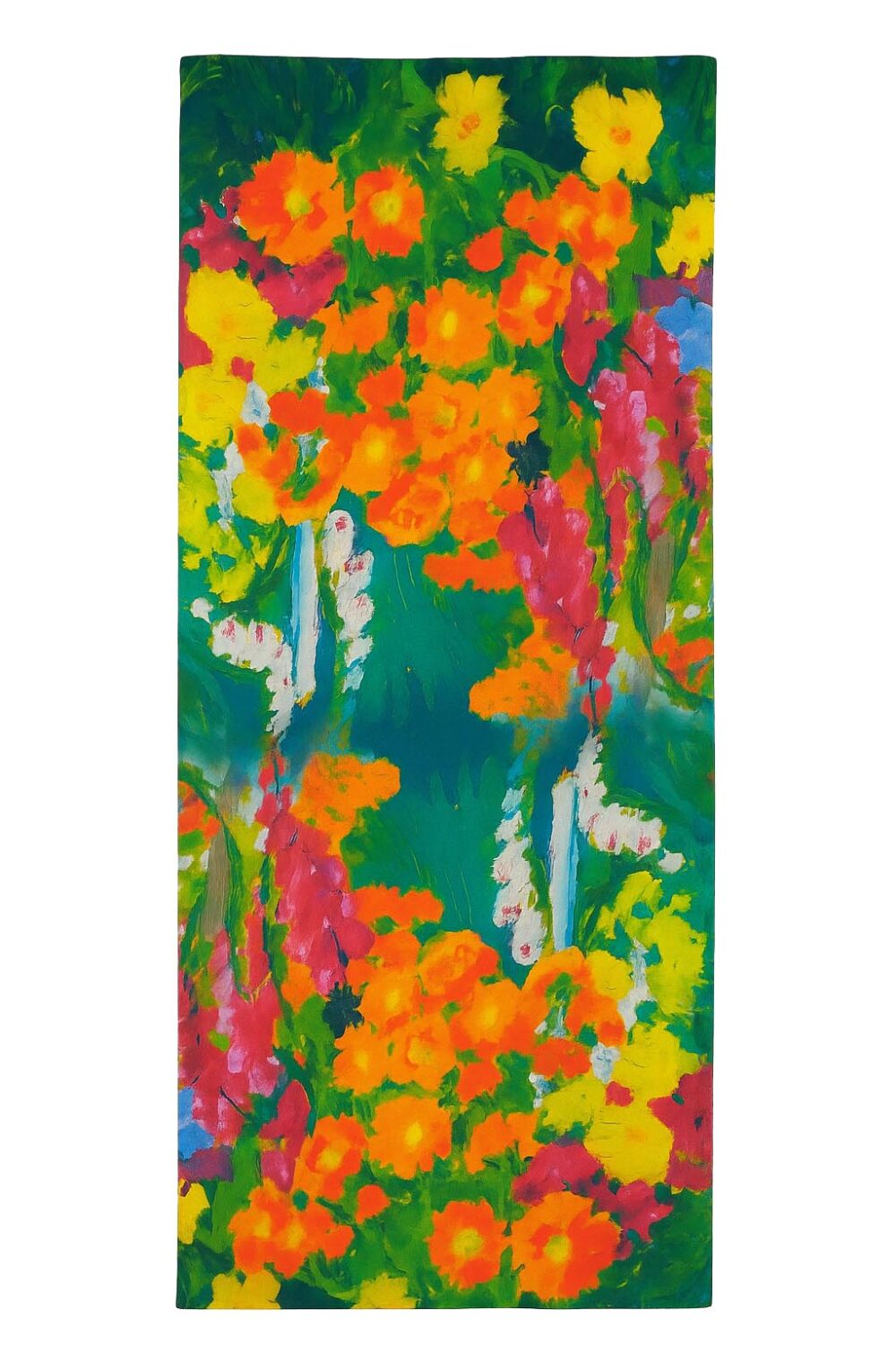 Fular de semiseda Pintores verde con flores naranja Julunggul