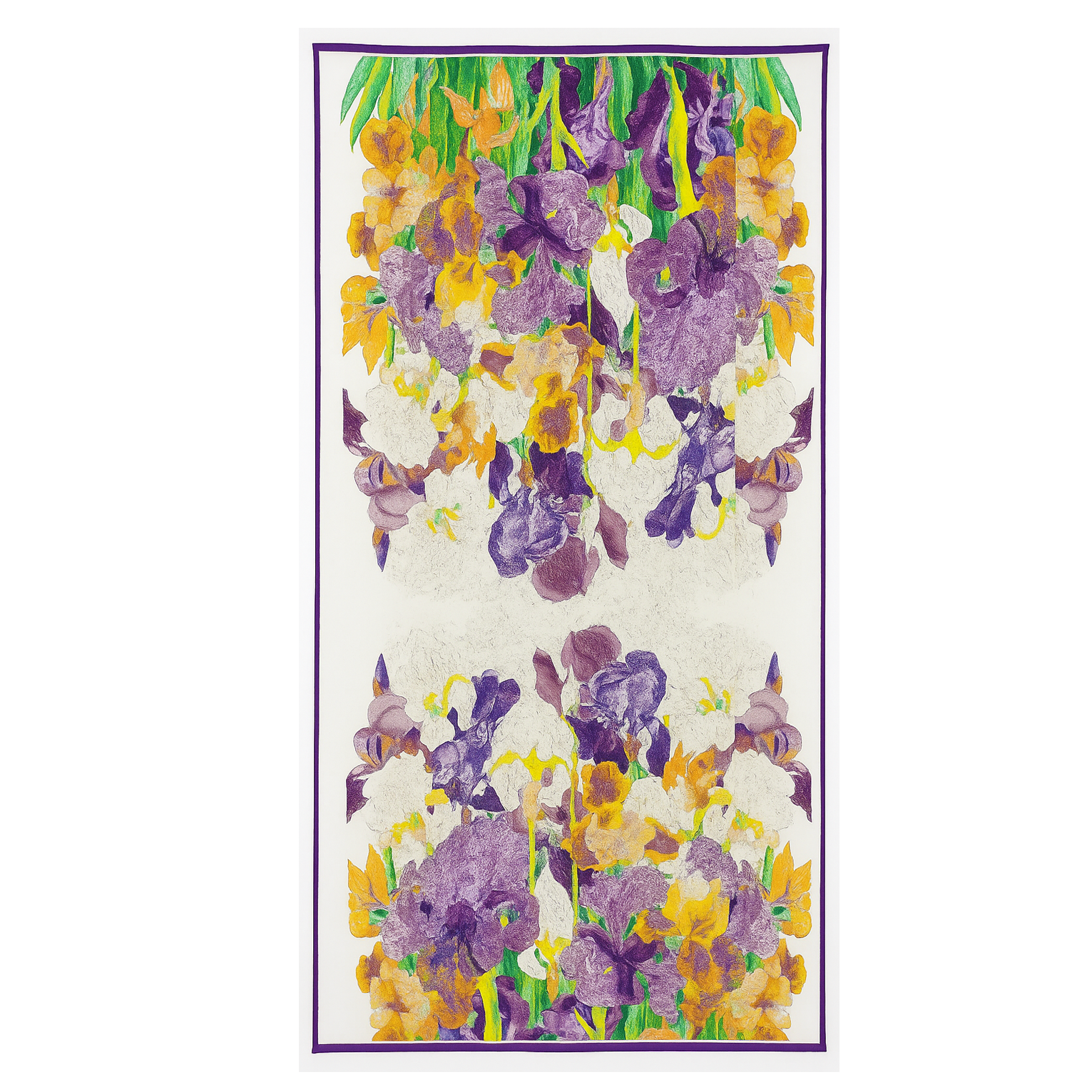 Fular de semiseda beige con flores moradas y mostaza con verde Julunggul