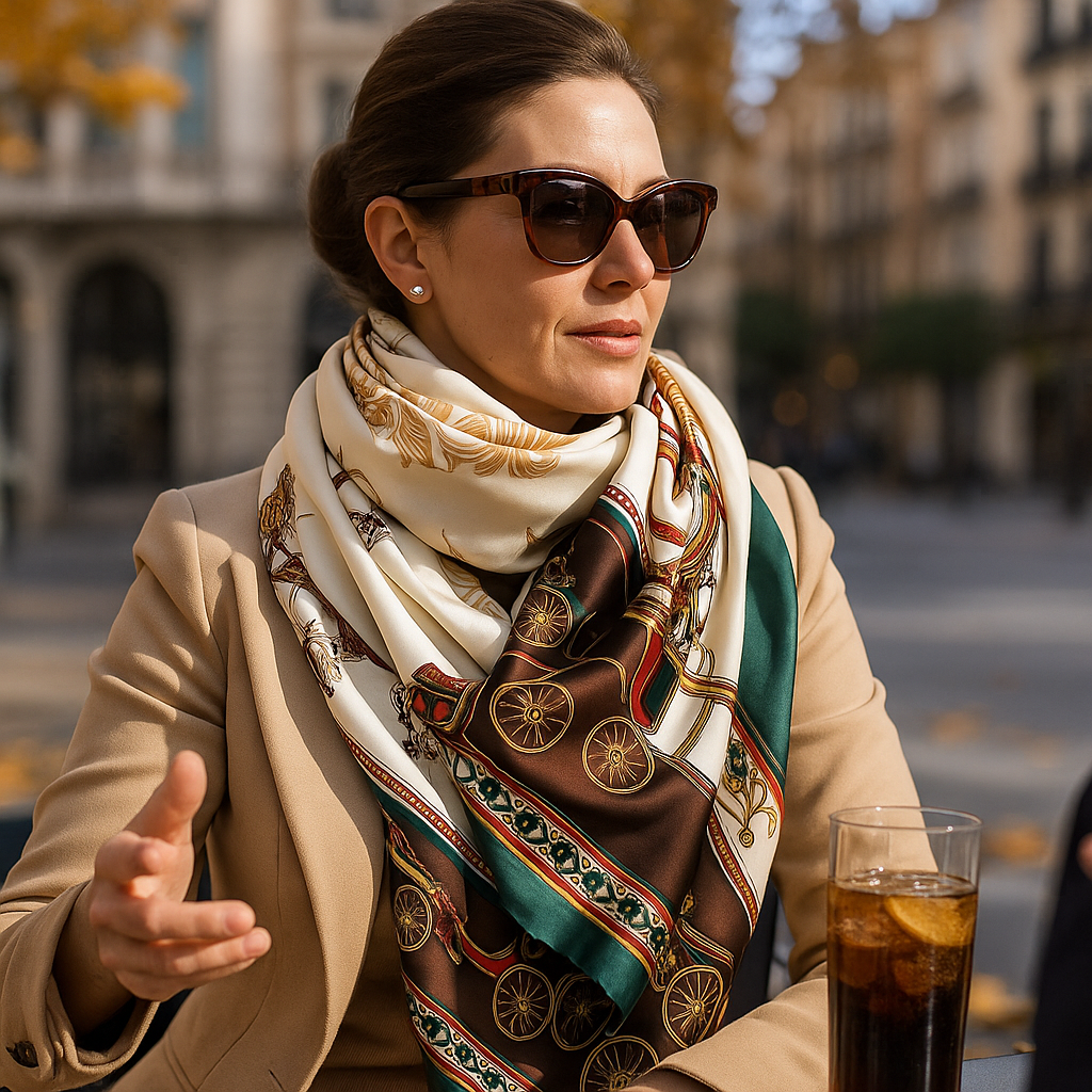 Fular de semiseda con forro beige marron y verde Hermes Julunggul