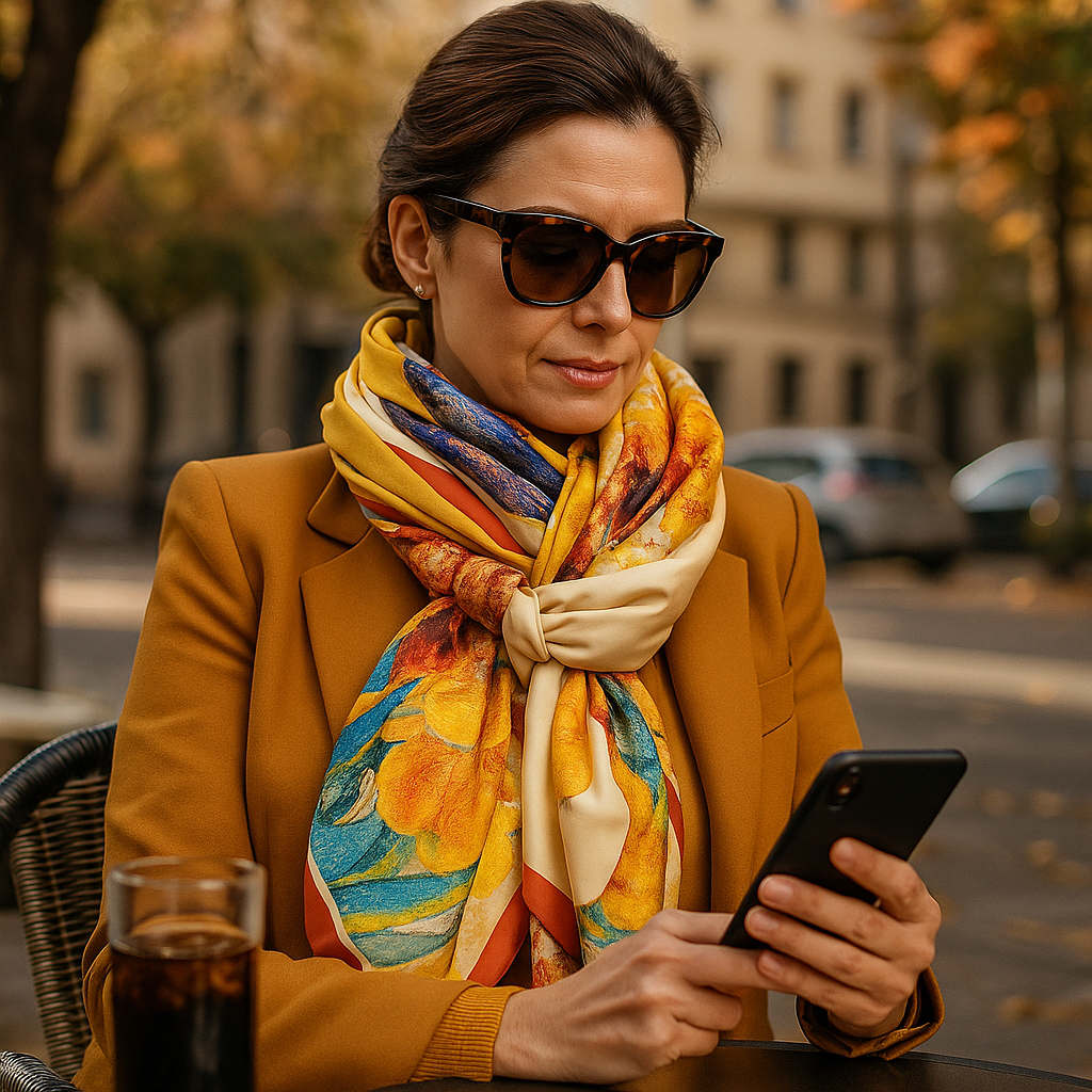 Fular de semiseda con forro flores mostaza y teja con verde Julunggul