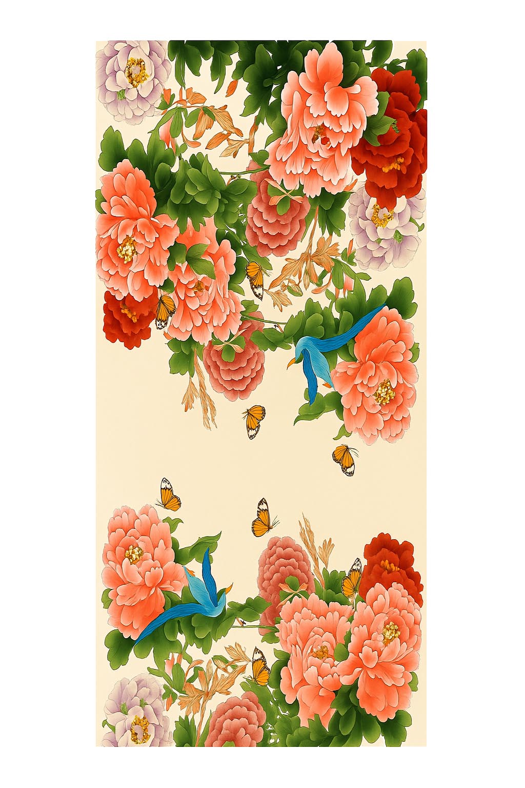 Fular de semiseda vainilla t flores coral y rojas Julunggul