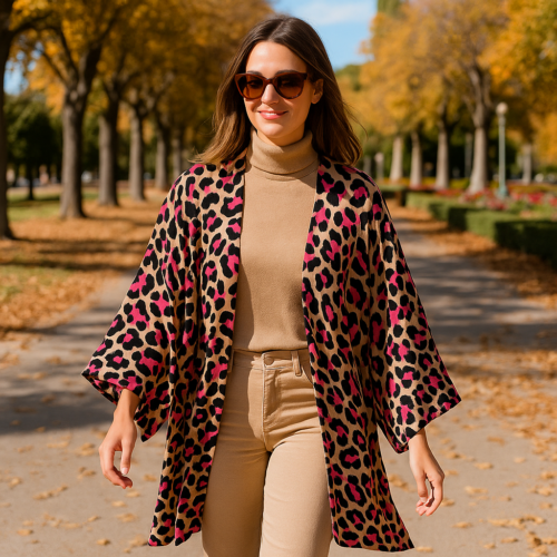 Kimono animal print leopardo beige y fucsia