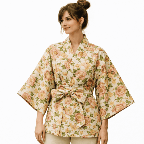 Kimono de cretona beige con flores