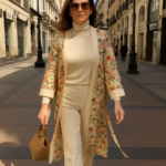 Kimono de cretona abrigo beige de flores Julunggul