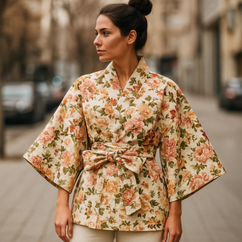 Kimono de cretona beige con flores