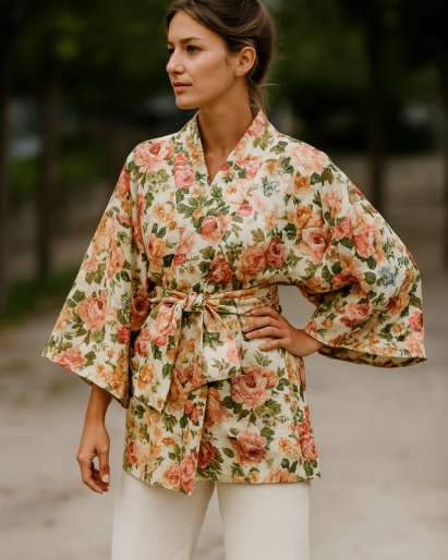 Kimono de seda morado y naranja Julunggul