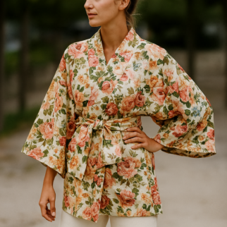 Kimono de cretona beige con flores Julungguk