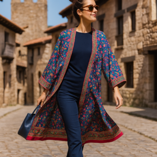 Kimono de seda largo azul marino y rojo con flores y cenefas 1 Julunggul