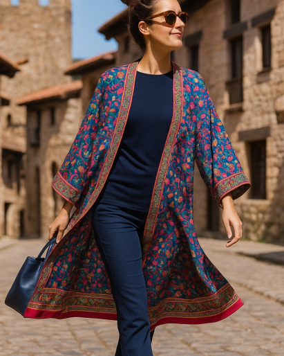 Kimono de seda largo azul marino y rojo con flores y cenefas 1 Julunggul