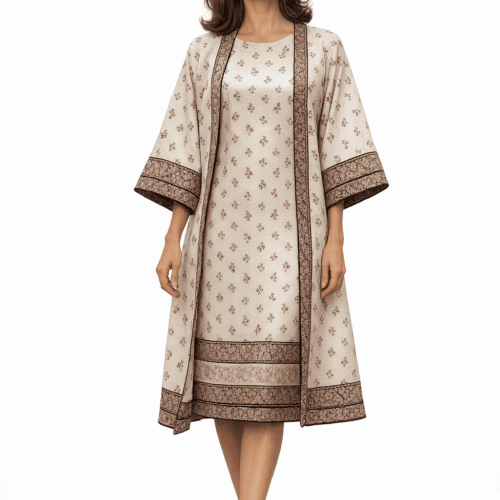 Kimono de seda beige y marrón con cenefas