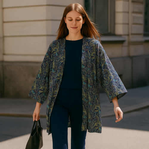 Kimono de semiseda azul marino con cachemires