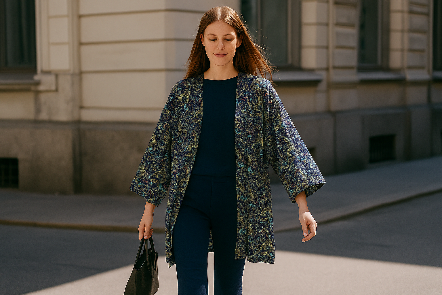 Kimono de semiseda azul marino con cachemires Julunggul