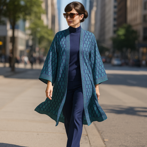 Kimono de semiseda azul marino y verde Julunggul