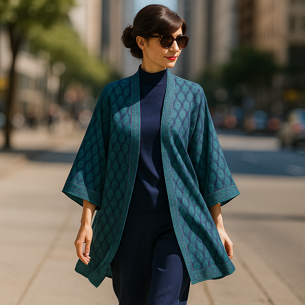 Kimono de semiseda corto azul marino y verde Julunggul