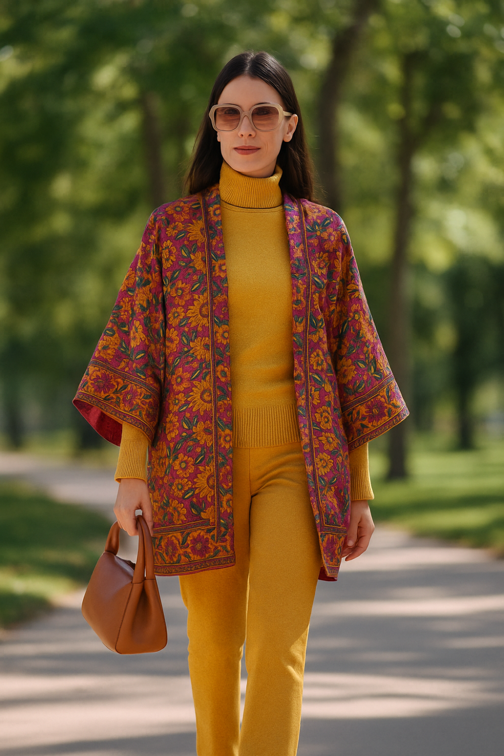Kimono de semiseda corto berenjena y flores mostaza