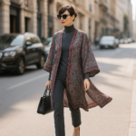 Kimono de semiseda gris con flores granate Julunggul