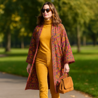 Kimono de semiseda largo berenjena flores mostaza julunggul