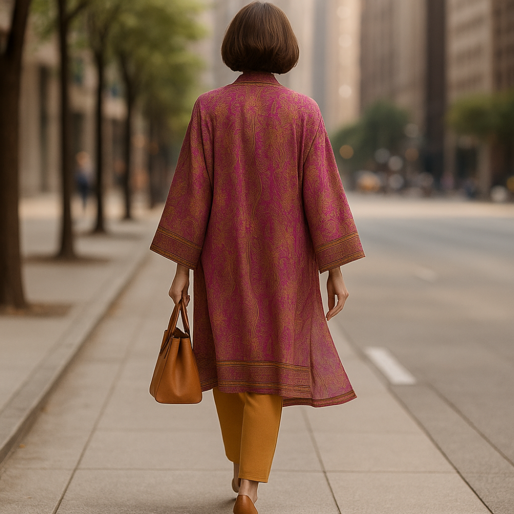 Kimono de semiseda paisley fucsia y mostaza 1 Julunggul