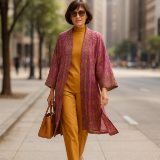 Kimono de semiseda paisley fucsia y mostaza Julunggul