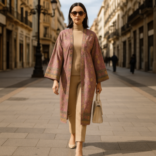 Kimono de semiseda rosa con flores beige 1 Julunggul