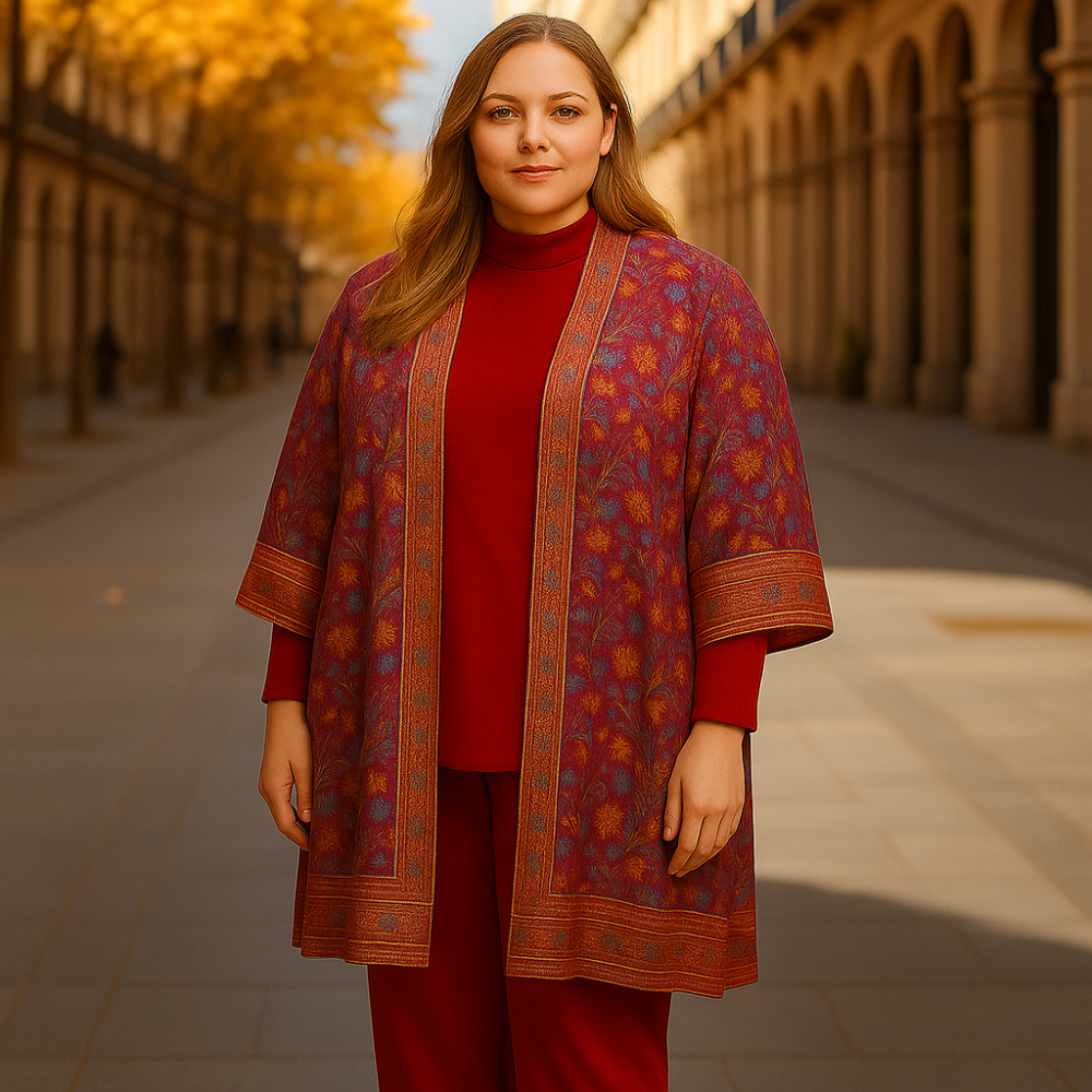 Kimono largo de semiseda rojo y flores - Imagen 2