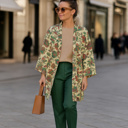 Kimono de semiseda verde con flores