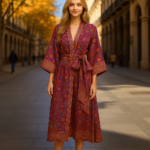 Kimono largo de semiseda con fajin vestido rojo con flores Julunggul